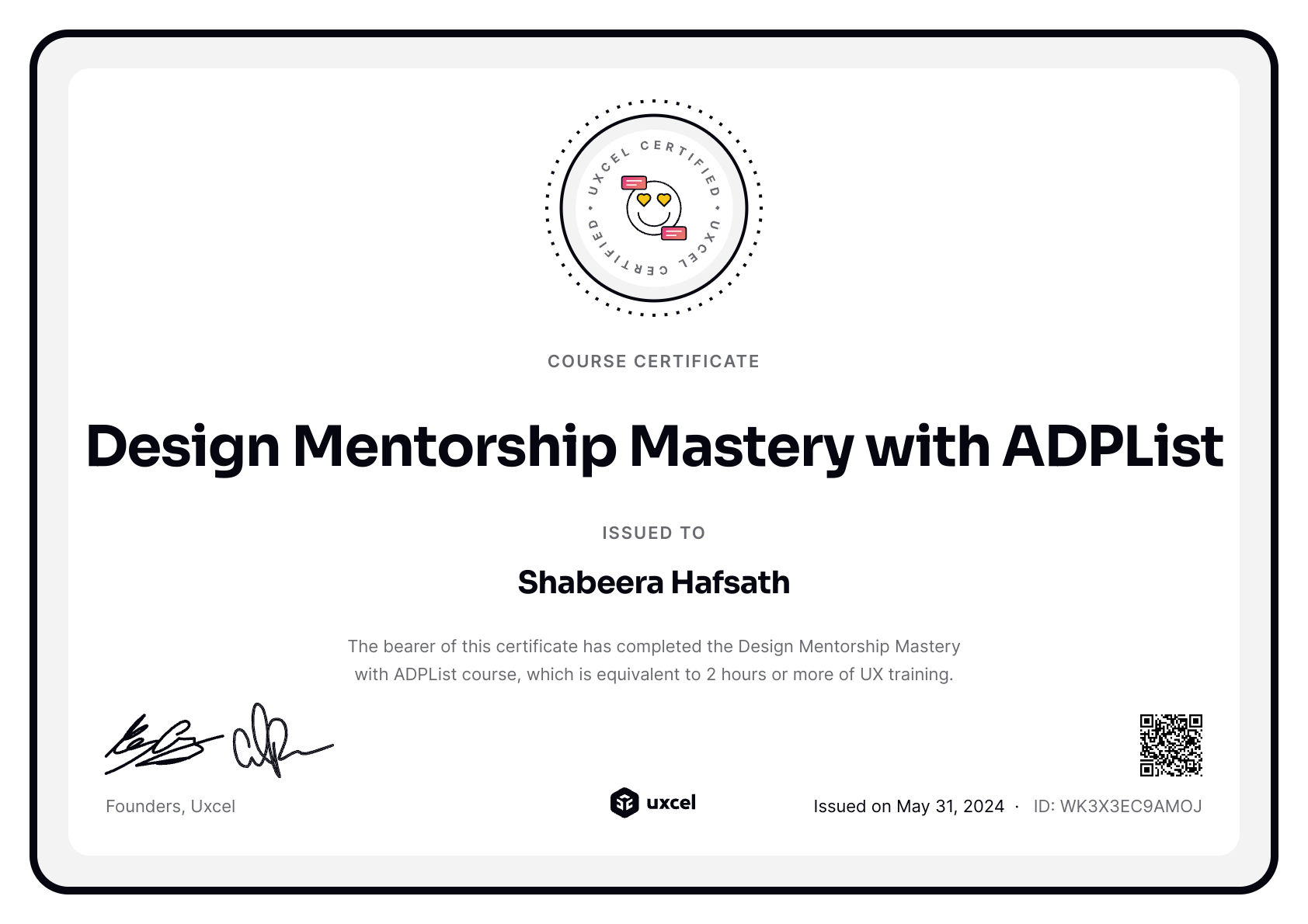 Shabeera Hafsath's certificate